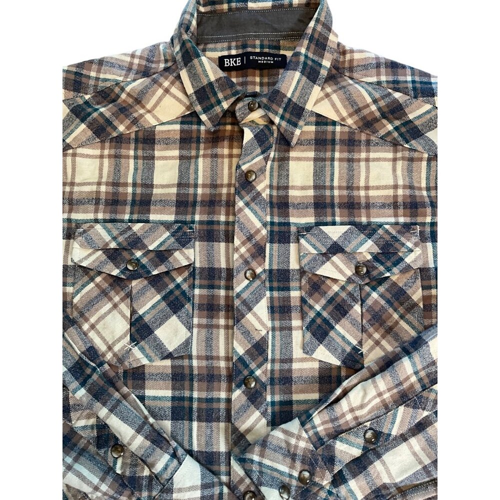 BKE Medium Long‎ Sleeve Flannel Standard Fit Tan/Teal/Charcoal Shirt